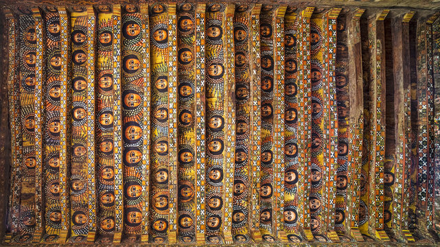 Gondar. Debre Birhan Selassie Church (Trinity and Mountain of Light). The ceiling covered with the faces of winged cherubs - examples of Ethiopian church art (17th century)