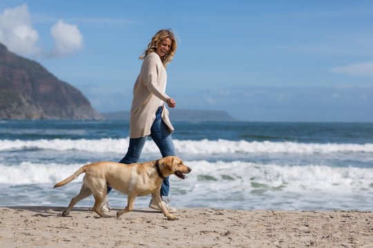 Woman walking with her dog on the beach