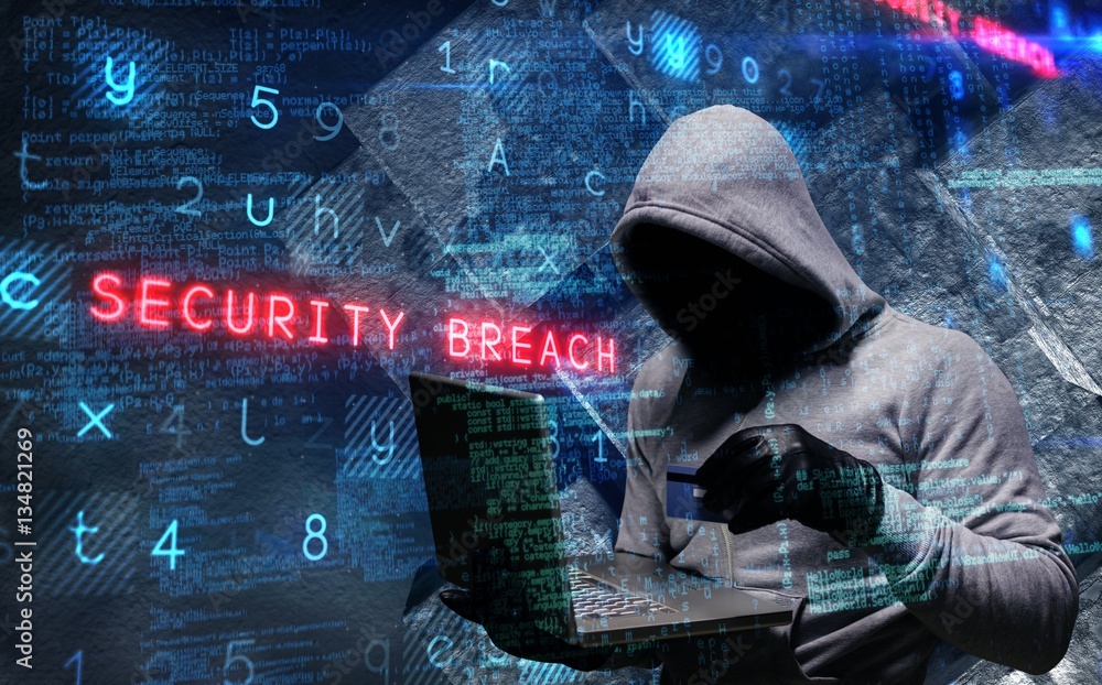 Poster composite image of hacker using laptop to steal identity