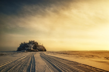 Enchanting winter landscape and sunset snowy field fog