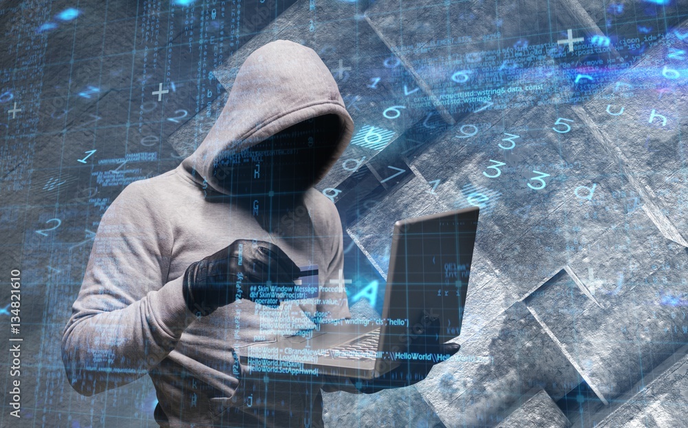 Poster composite image of hacker using laptop to steal identity