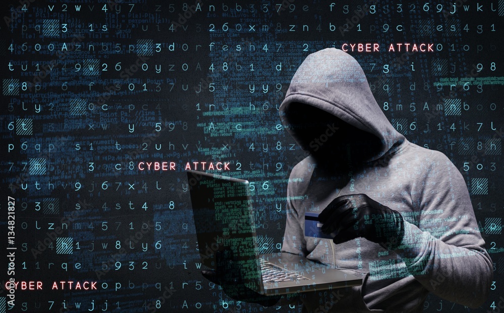 Poster composite image of hacker using laptop to steal identity