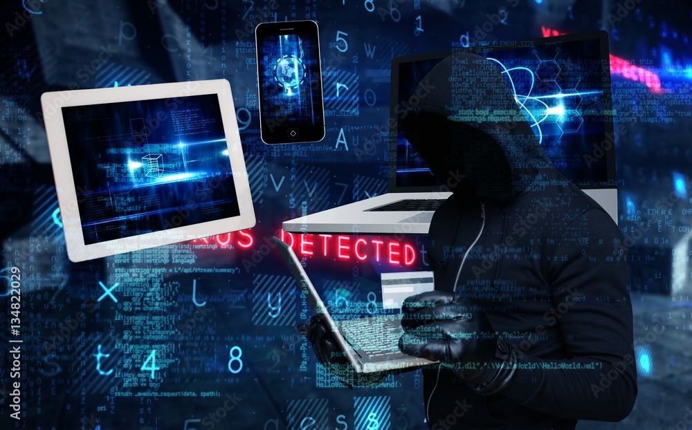 Poster composite image of hacker holding laptop and credir card