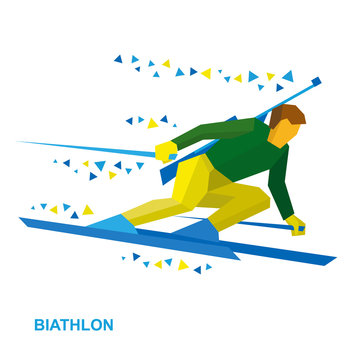 Winter sports - Biathlon. Cartoon biathlete going skiing fast with a rifle behind his back. Flat style vector clip art isolated on white background
