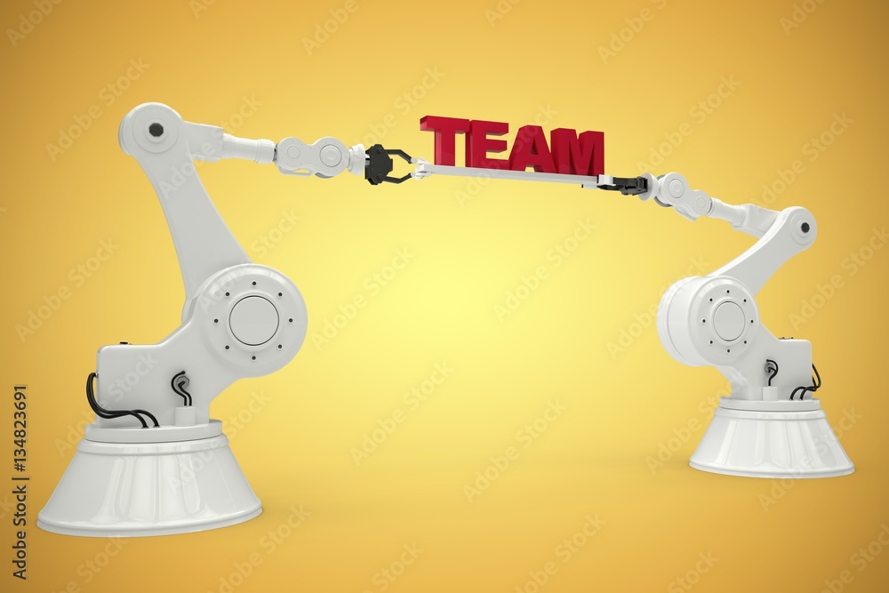 Poster composite image of composite image of robots with team text 3d