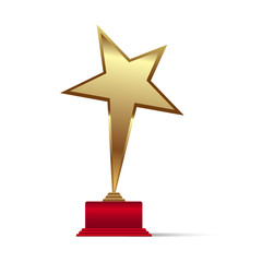 Golden star award on red base isolated on white background. Vector illustration