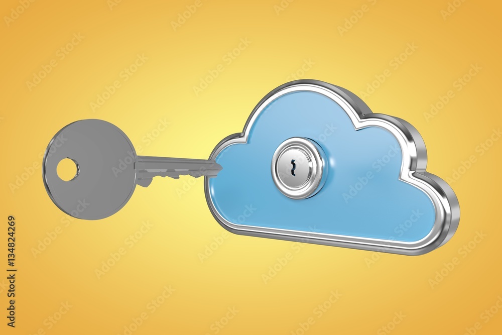 Poster composite image of blue locker in cloud shape with key 3d