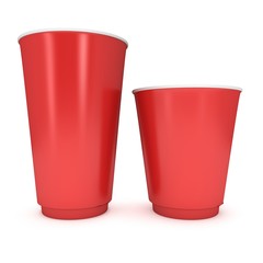 Disposable drink cups. Red paper mug. 3d render isolated on white background