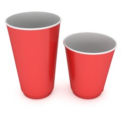 Disposable drink cups. Red paper mug. 3d render isolated on white background