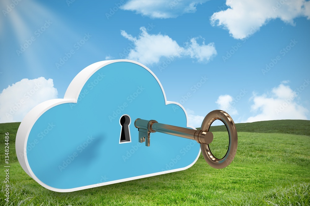Poster composite image of blue locker in cloud shape with key 3d