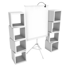 Blank Roll Up Expo Banner Stand on Tripod and product display boxes. Trade show booth white and blank. 3d render illustration isolated on white background. Template mockup for your expo design.