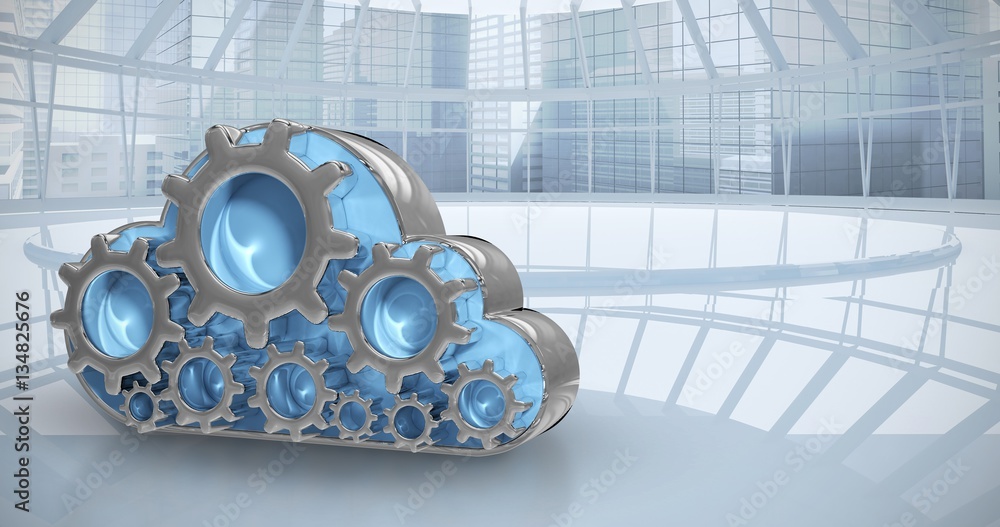Poster composite image of digitally generated image of gear in cloud sh
