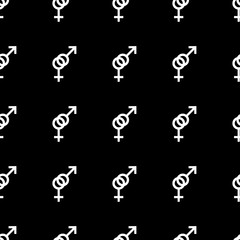 Seamless pattern. Female and male romantic collection. Female and male white small signs same sizes. Pattern on black background. Vector illustration