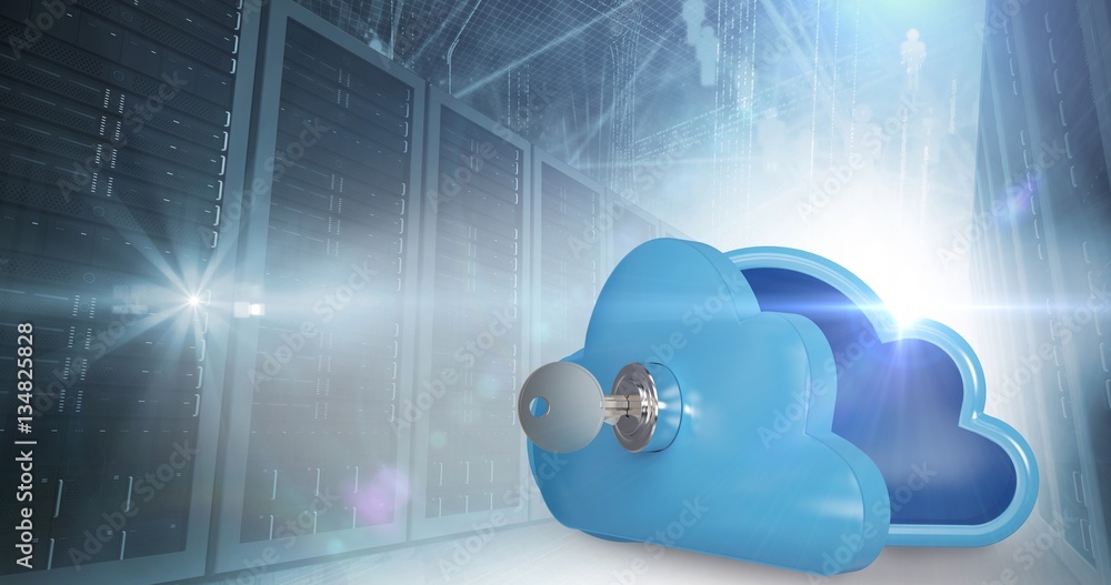 Poster composite image of blue locker in cloud shape with key 3d