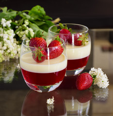 Italian dessert panna cotta with strawberries and  flowers