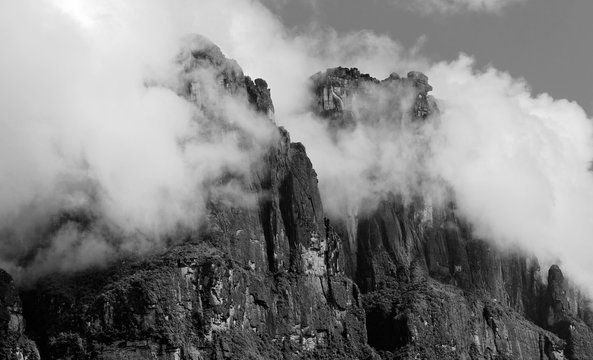 Tepyi covered with clouds in the Canaima national park - Venezuela (black and white)