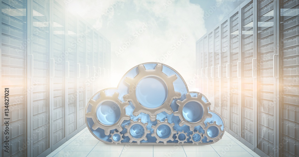 Poster composite image of digitally generated image of gear in cloud sh