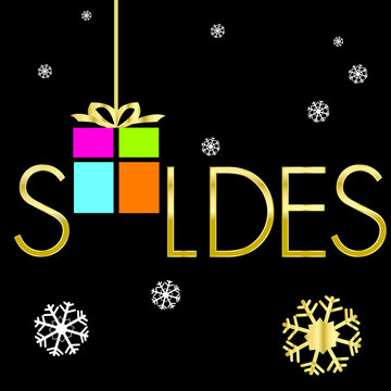 soldes hiver,paquet cadeau et flocons