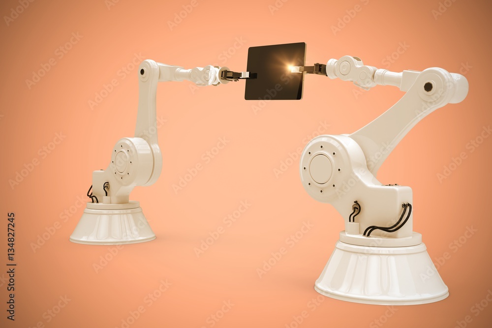Poster composite image of composite image of robots holding computer ta