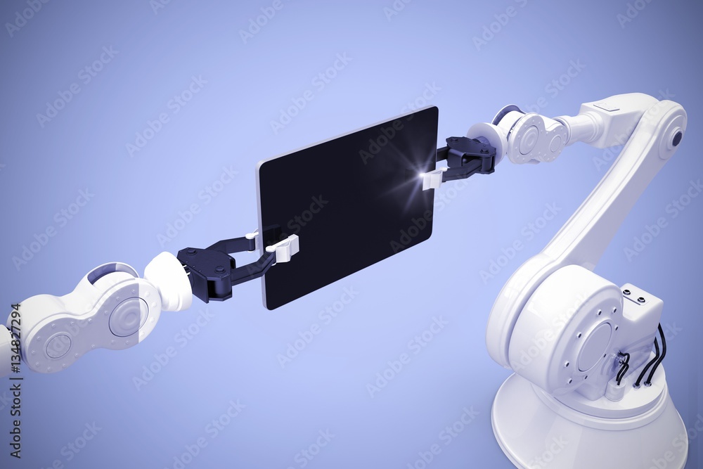 Poster Composite image of digital generated image of robots holding com