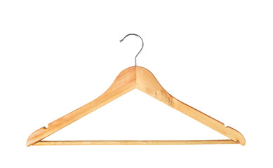 Wooden hanger for clothes isolated on a white background