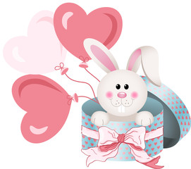 Bunny in round gift box with bow ribbon and balloons