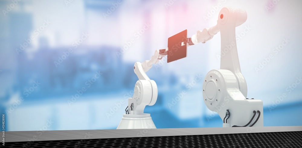 Poster composite image of graphic image of robots with computer tablet