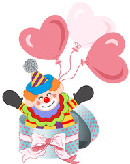 Happy clown in round gift box with bow ribbon and balloons
