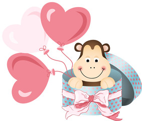 Monkey in round gift box with bow ribbon and balloons