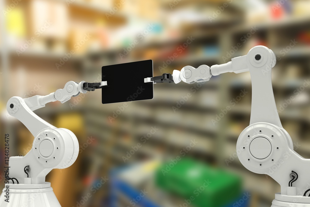Poster composite image of composite image of robots holding digital tab