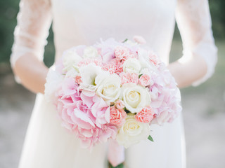 wedding bouquet with white roses and hydrangea