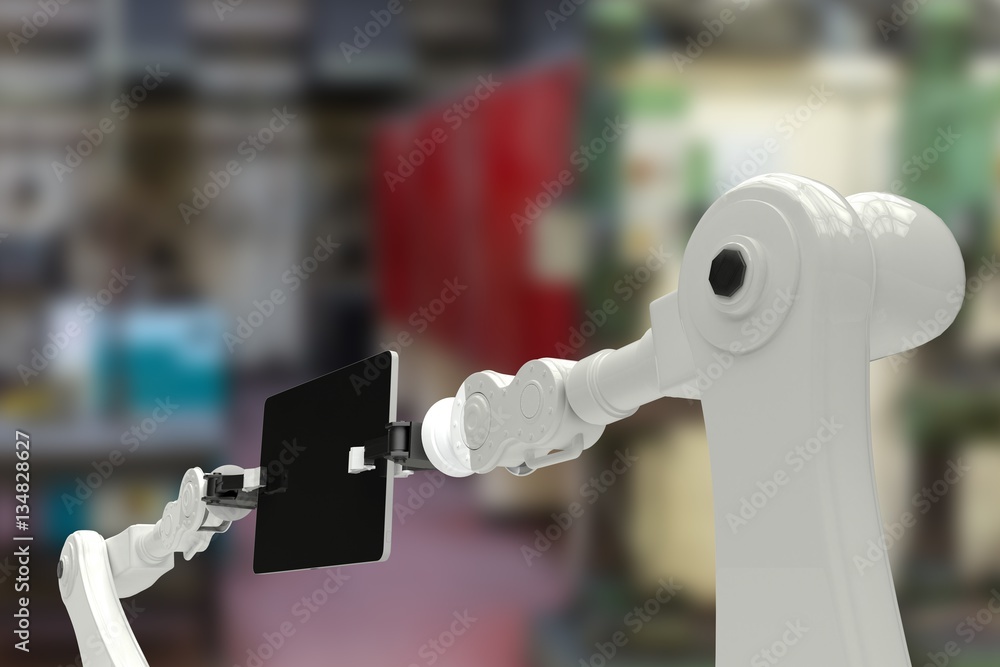 Poster composite image of robots holding digital tablet 3d