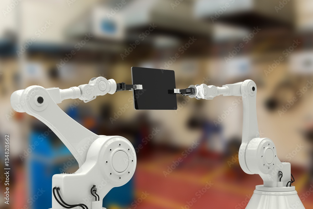Poster composite image of composite image of robots holding computer ta