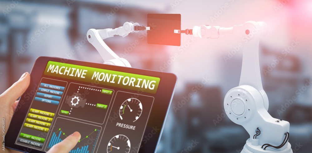 Poster composite image of man using tablet pc 3d
