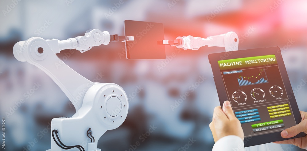Poster composite image of man using tablet pc 3d