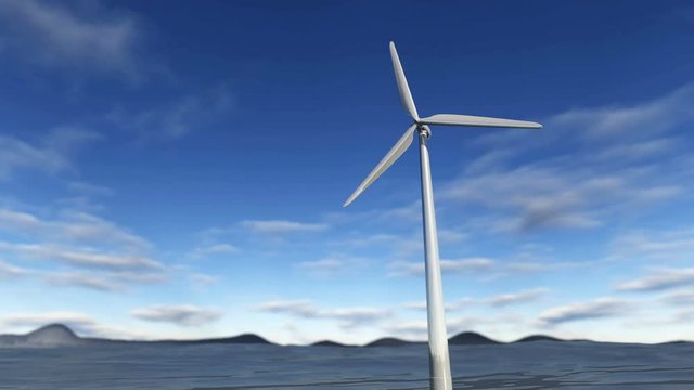 Animated wind turbine in an ocean with blue sky