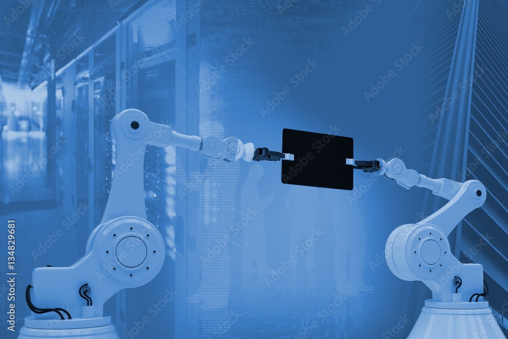 Poster composite image of composite image of robots holding digital tab