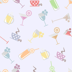 Seamless vector pattern with cocktail, glass, wine glass, beer glass, fruits on the grey background. Series of Food and Drink Seamless Patterns.