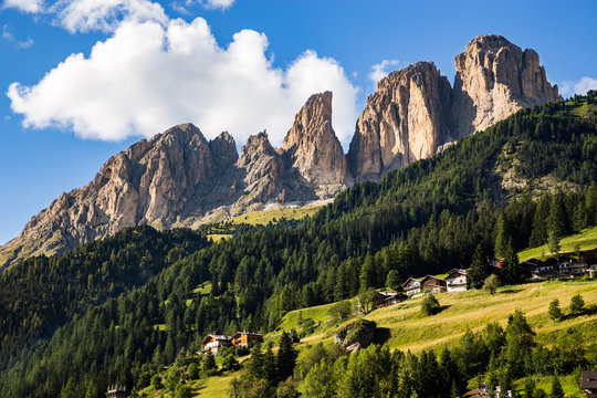 Sunset in the Dolomites from Campitello di Fassa, dominated by the Sassolungo group. Tentino - Italy