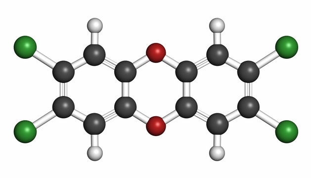 TCDD polychlorinated dibenzodioxin pollutant molecule, 3D render