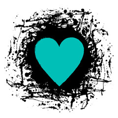 Vector graphic grunge illustration of heart sign with ink blot, brush strokes, drops isolated on the white background. Series of artistic illustration with splash, blots and brush strokes.