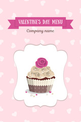 Design element for Valentines Day, wedding or birthday, vintage vertical menu cake in curly frame on background with heart for restaurant. Chocolate cake with rose in wrapper, vector illustration