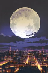 Foto op Plexiglas night scenery of full moon over night city skyline with colorful light,illustration painting © grandfailure