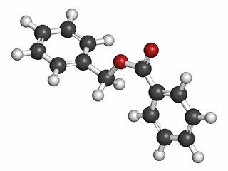 Benzyl benzoate drug molecule, 3D rendering.