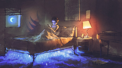 Naklejka premium boy reading tablet in bedroom and something under the bed,illustration painting