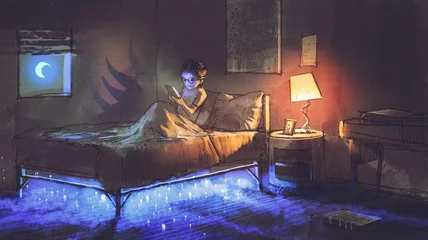Tuinposter boy reading tablet in bedroom and something under the bed,illustration painting © grandfailure