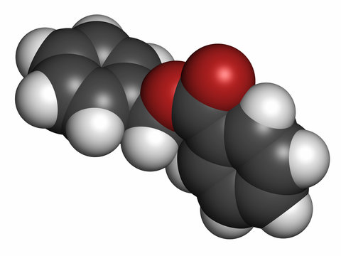 Benzyl benzoate drug molecule, 3D rendering. 