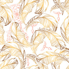 Boho chic - vector seamless pattern handmade. Tribal Indian ethnic background texture and ornament. Hippie, Gypsy. Golden feather and Dreamcatcher on a white background.