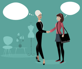 Businesswoman and intern girl shaking hands. Fashion business. Cartoon characters. Retro style