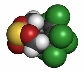 Endosulfan insecticide molecule, 3D rendering. 